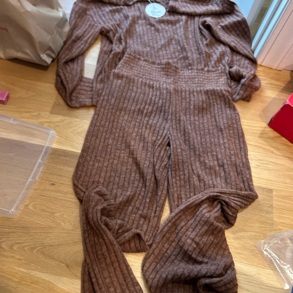 Brown Ribbed Knit Sweater and Pants Set